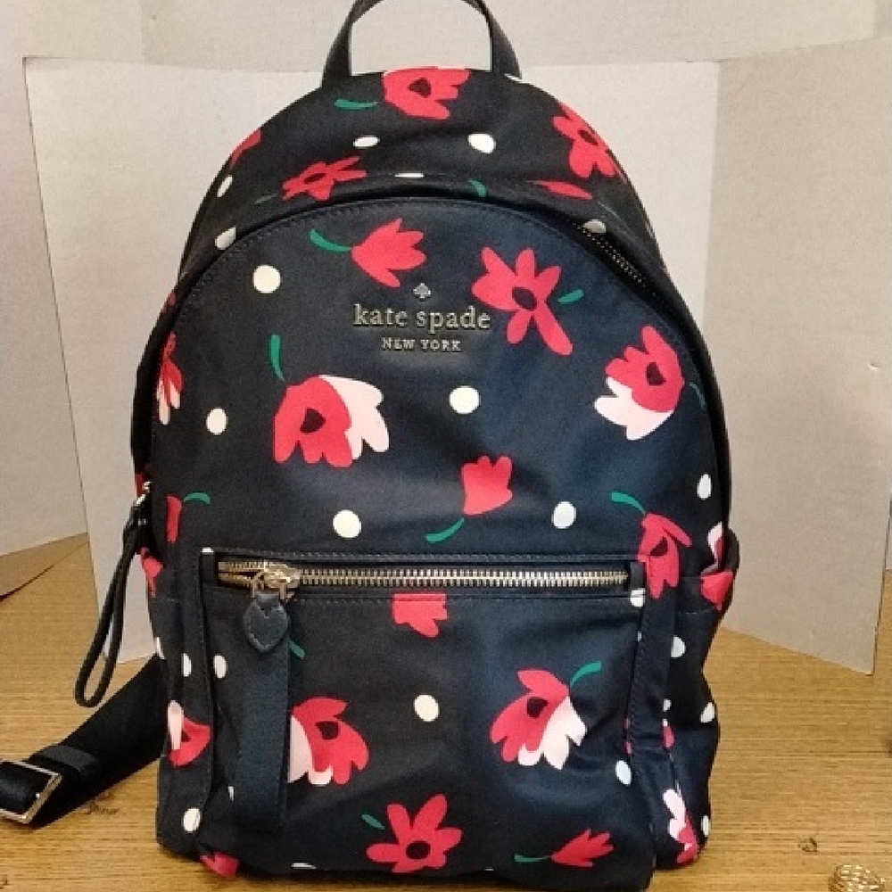Kate Spade Red and Black Floral Backpack with Polka Dots